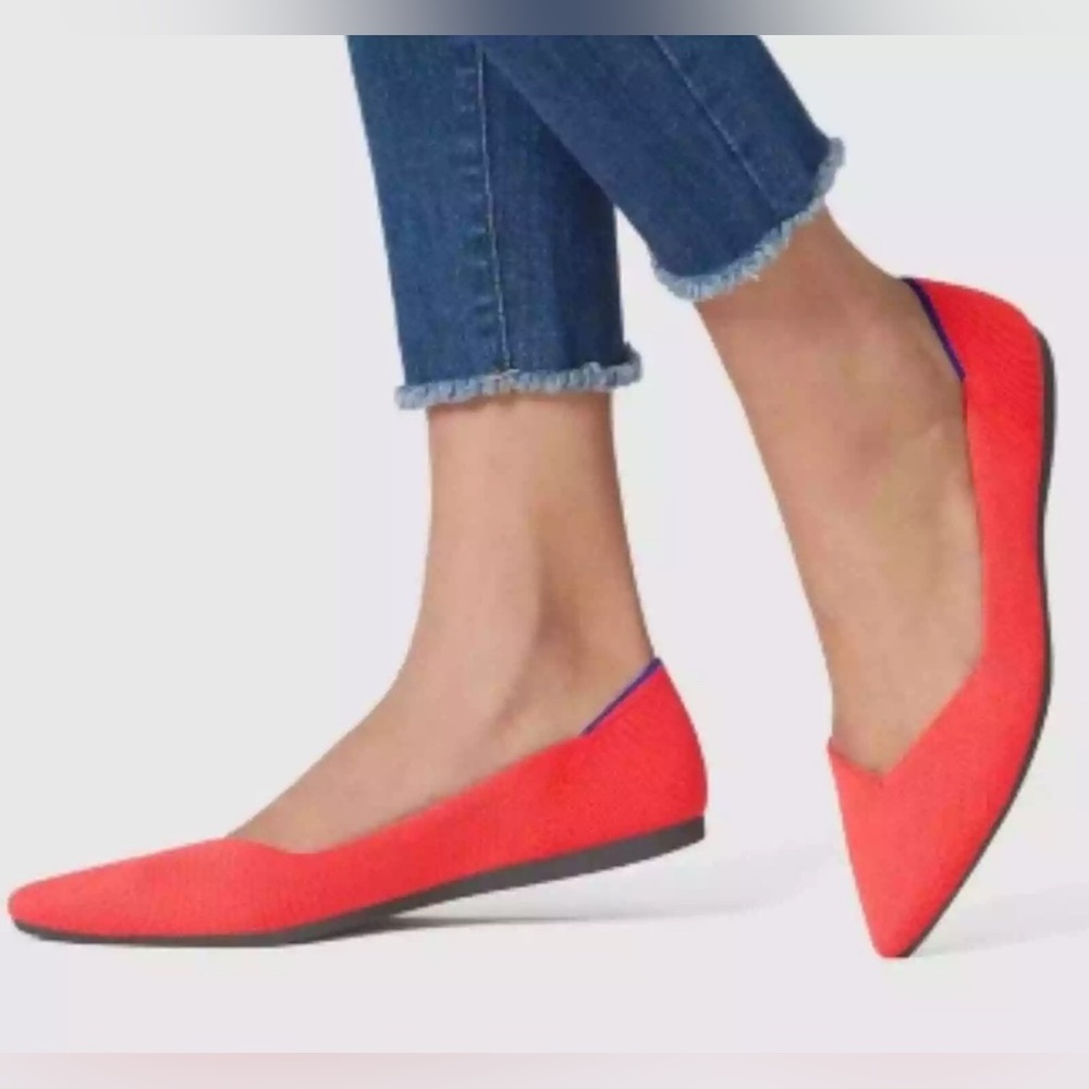 Rothy's Coral-Red Pointed Knit Flats with Blue Trim